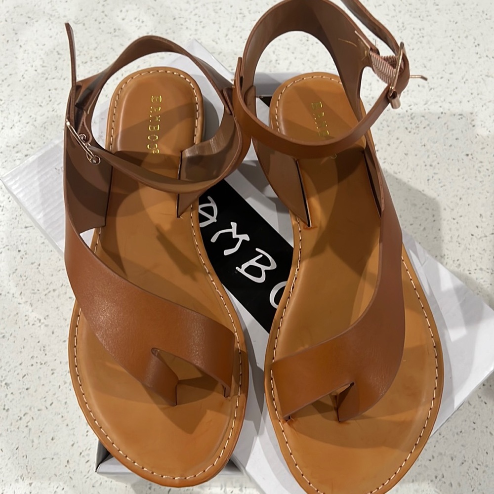 Bamboo Tan Diagonal Strap Sandals - Faux Leather